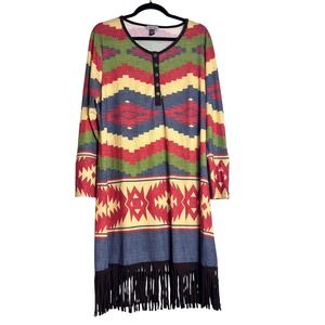 Tasha Polizzi Collection Shirt Dress XL Boho Western Southwestern Fringe (E551)‎
